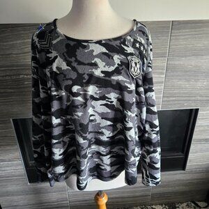 Tribal Jeans XL Grey Black Camo Long Sleeve Top Military Patch Detail Streetwear